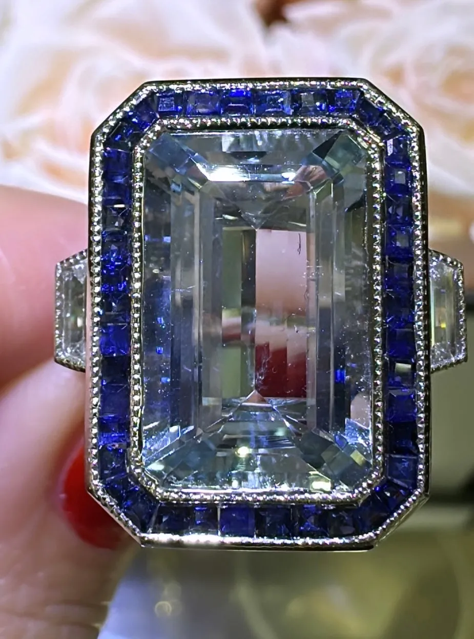 8.80ct tw Aquamarine, Sapphire and Diamond Art - Deco Style Octagon Ring