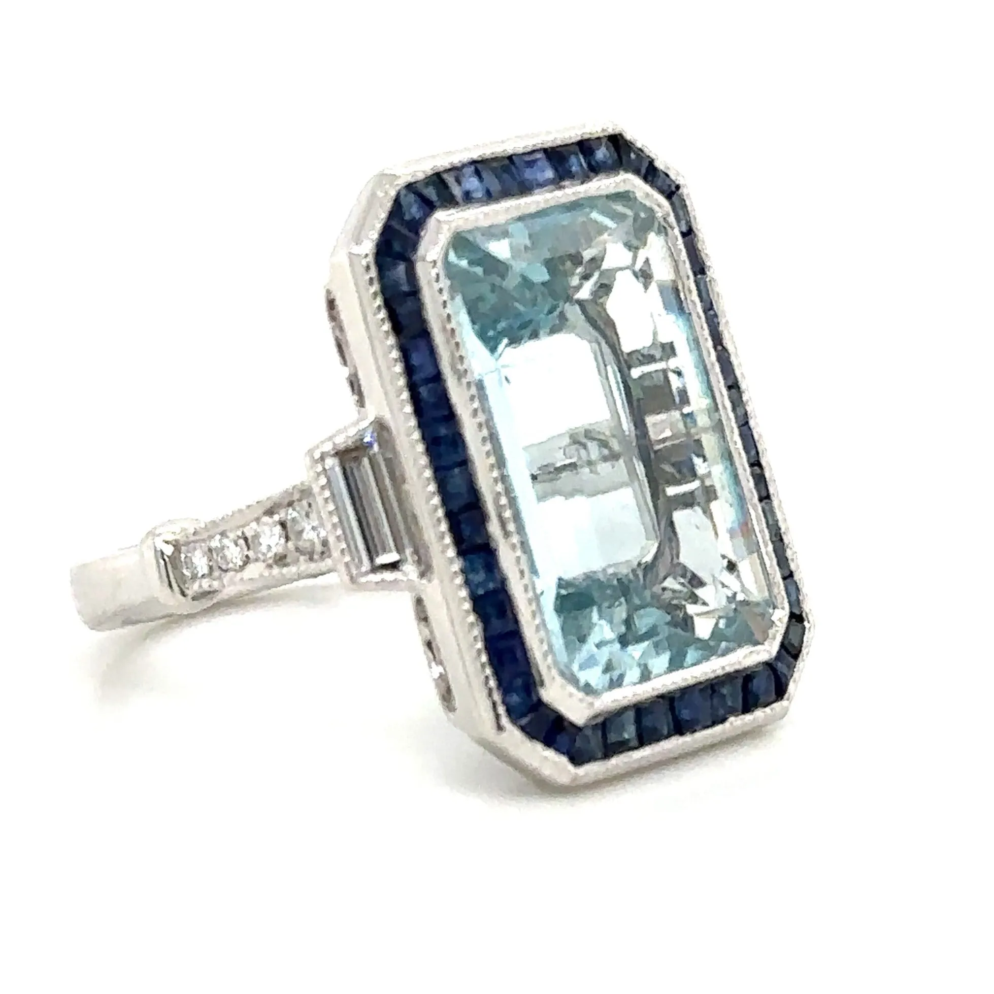 8.80ct tw Aquamarine, Sapphire and Diamond Art - Deco Style Octagon Ring
