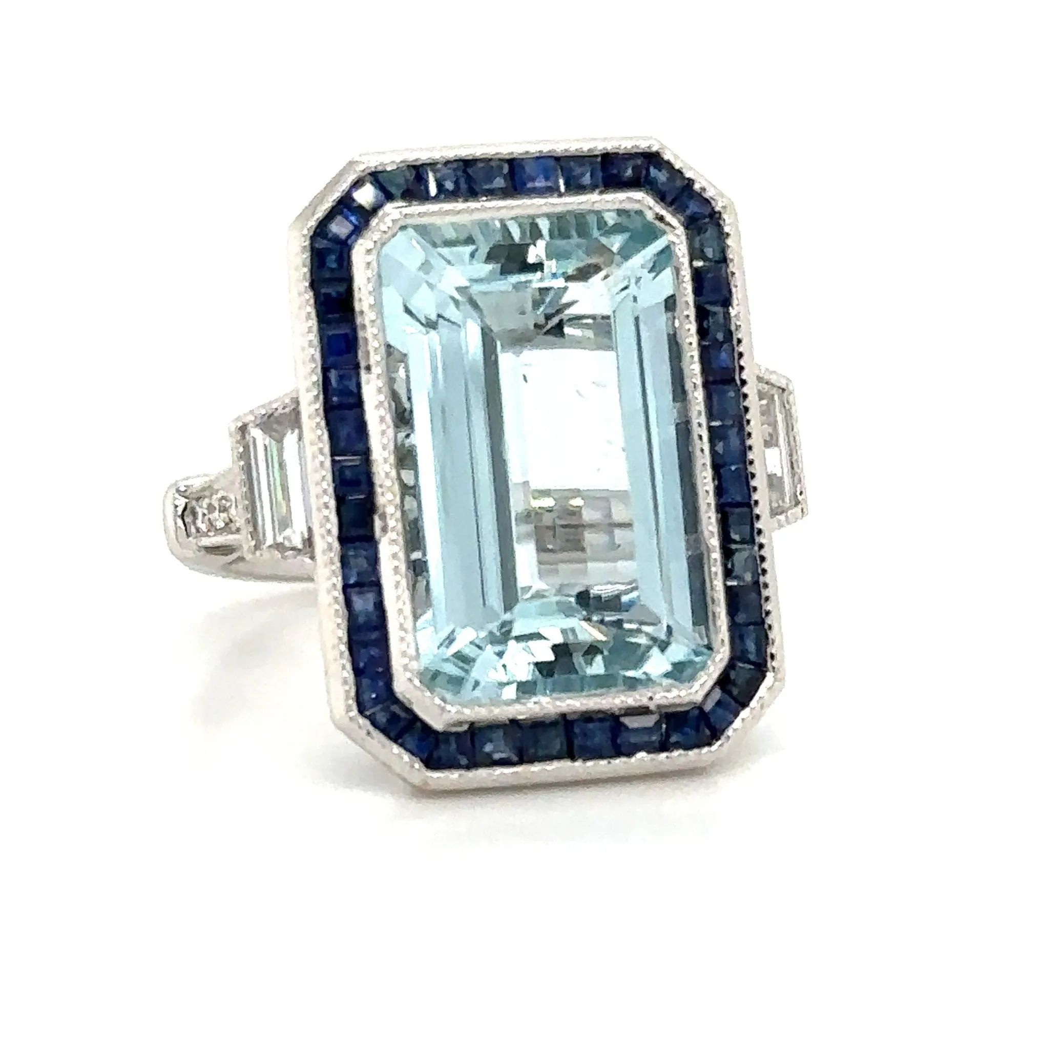 8.80ct tw Aquamarine, Sapphire and Diamond Art - Deco Style Octagon Ring