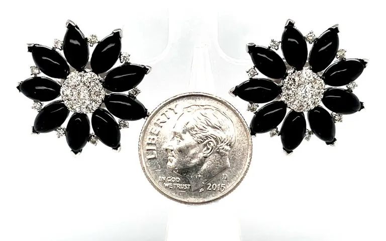 .91 ct. t.w. Diamond and Onyx 18k White Gold Flower Earrings