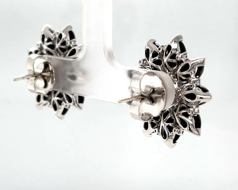 .91 ct. t.w. Diamond and Onyx 18k White Gold Flower Earrings