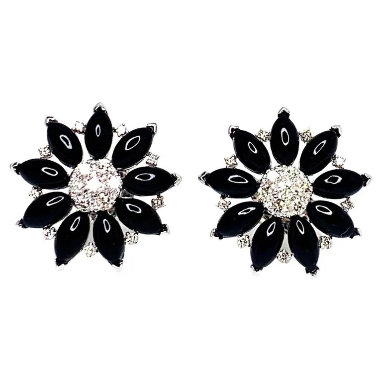 .91 ct. t.w. Diamond and Onyx 18k White Gold Flower Earrings