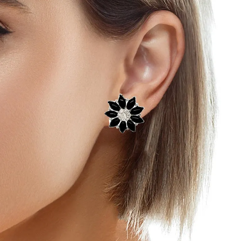 .91 ct. t.w. Diamond and Onyx 18k White Gold Flower Earrings