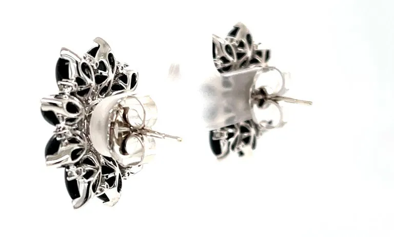 .91 ct. t.w. Diamond and Onyx 18k White Gold Flower Earrings