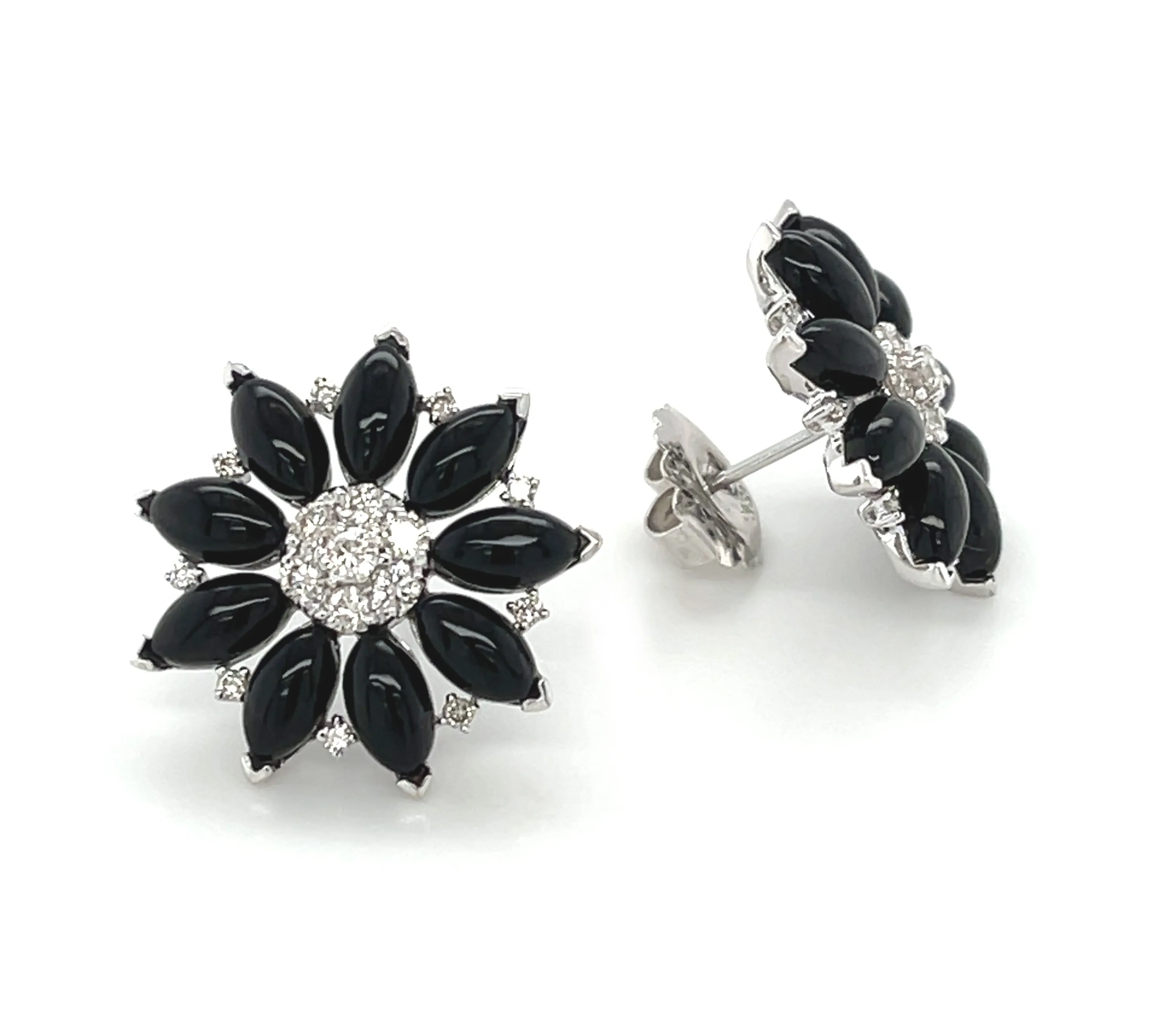 .91 ct. t.w. Diamond and Onyx 18k White Gold Flower Earrings