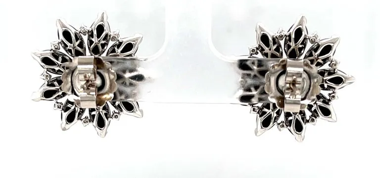 .91 ct. t.w. Diamond and Onyx 18k White Gold Flower Earrings