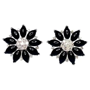 .91 ct. t.w. Diamond and Onyx 18k White Gold Flower Earrings