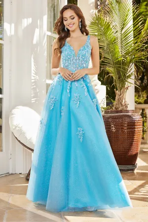 AD 3090 - Beaded Lace Embellished A-Line Prom Gown With Sheer V-Neck Bodice & Lace Up Corset Back