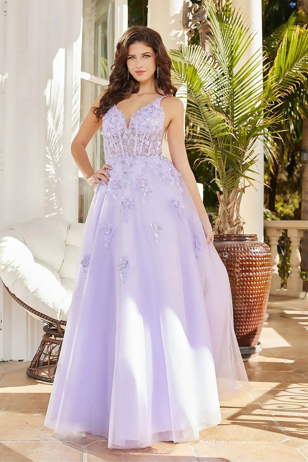 AD 3090 - Beaded Lace Embellished A-Line Prom Gown With Sheer V-Neck Bodice & Lace Up Corset Back