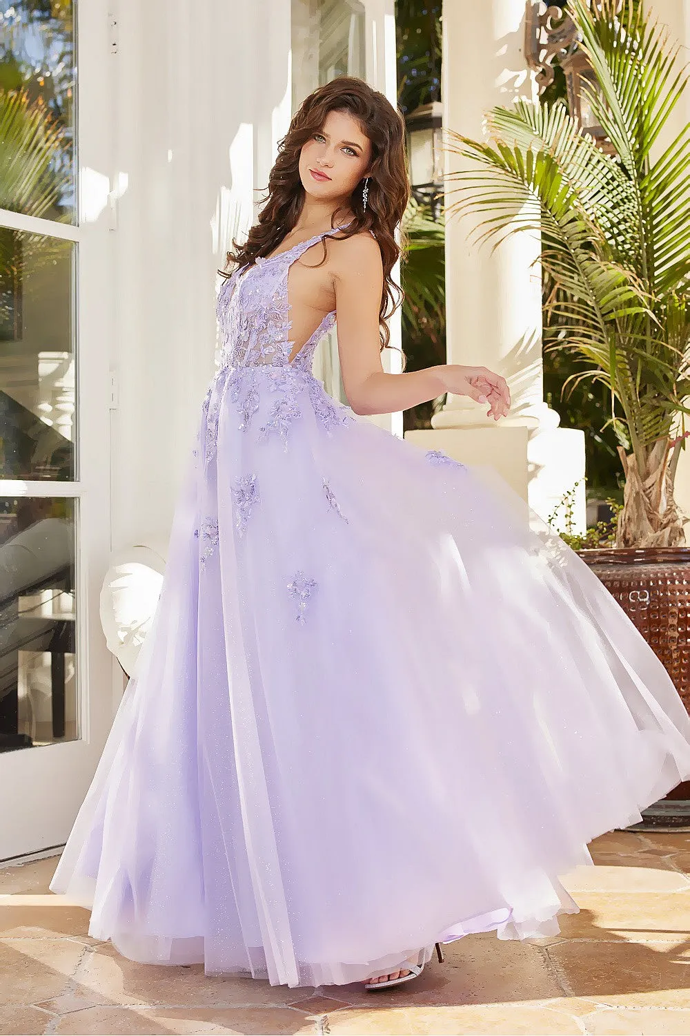 AD 3090 - Beaded Lace Embellished A-Line Prom Gown With Sheer V-Neck Bodice & Lace Up Corset Back