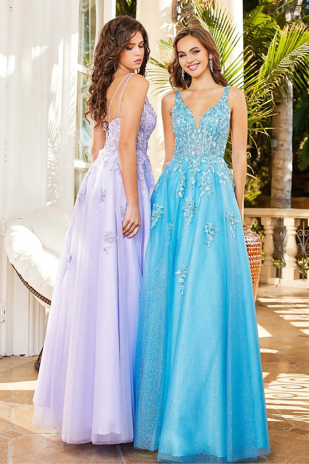AD 3090 - Beaded Lace Embellished A-Line Prom Gown With Sheer V-Neck Bodice & Lace Up Corset Back