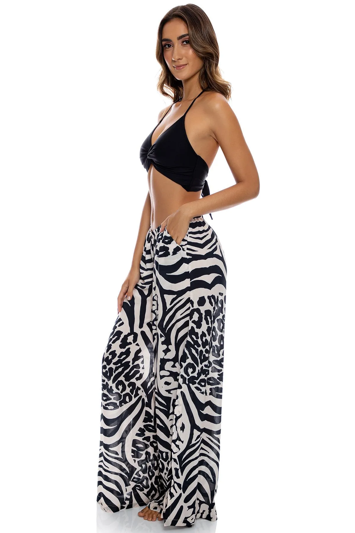 ALL THE SKINS - Front Twist Bustier Halter Top & Open Sides Wide Leg Pant • Multicolor