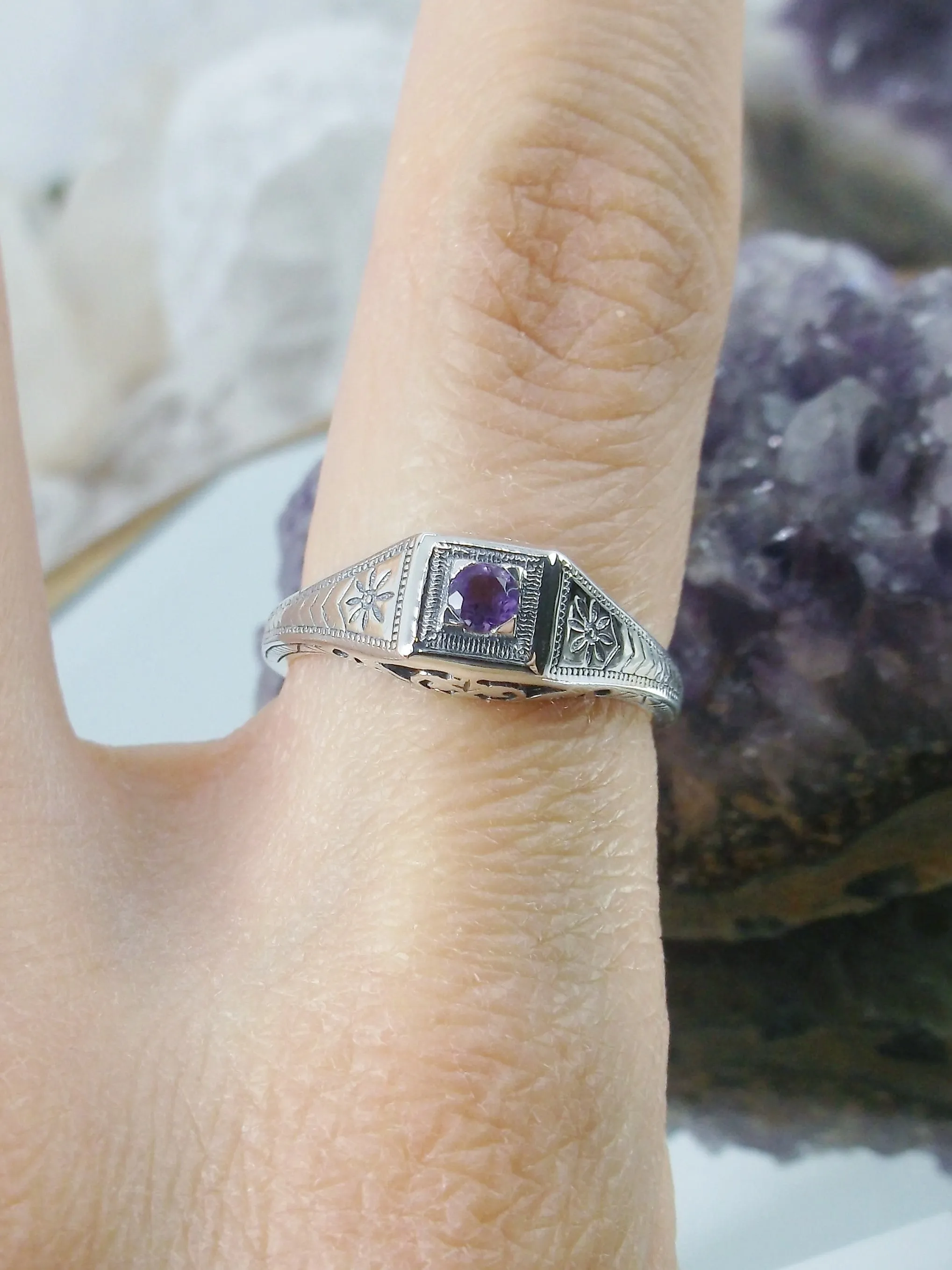 Amethyst Ring, Natural Gem, Antique Wedding Jewelry #D155