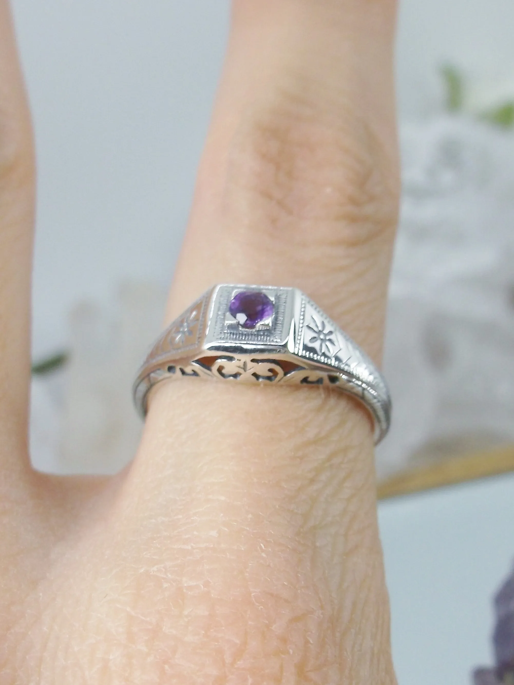 Amethyst Ring, Natural Gem, Antique Wedding Jewelry #D155