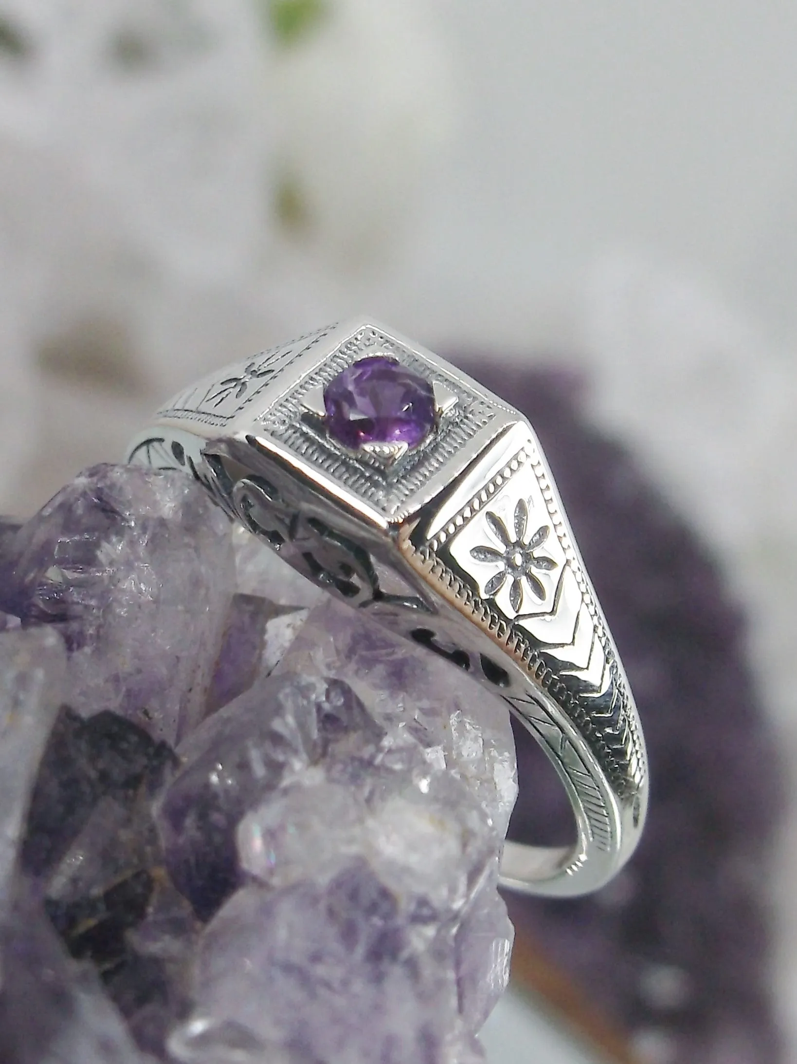 Amethyst Ring, Natural Gem, Antique Wedding Jewelry #D155