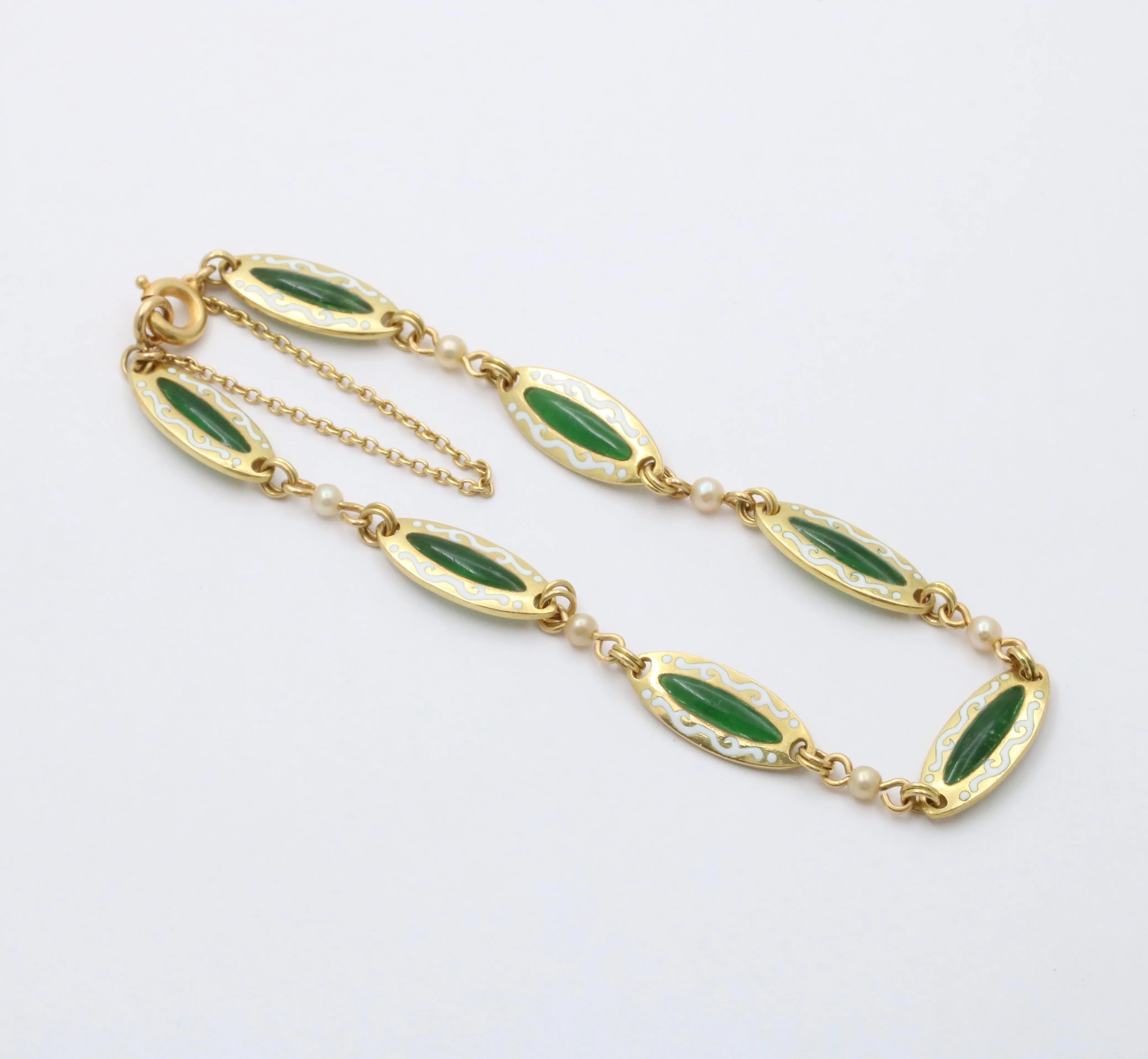 Antique 18K Gold and Plique A Jour Enamel Bracelet, Art Nouveau Pearl Bracelet