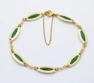 Antique 18K Gold and Plique A Jour Enamel Bracelet, Art Nouveau Pearl Bracelet