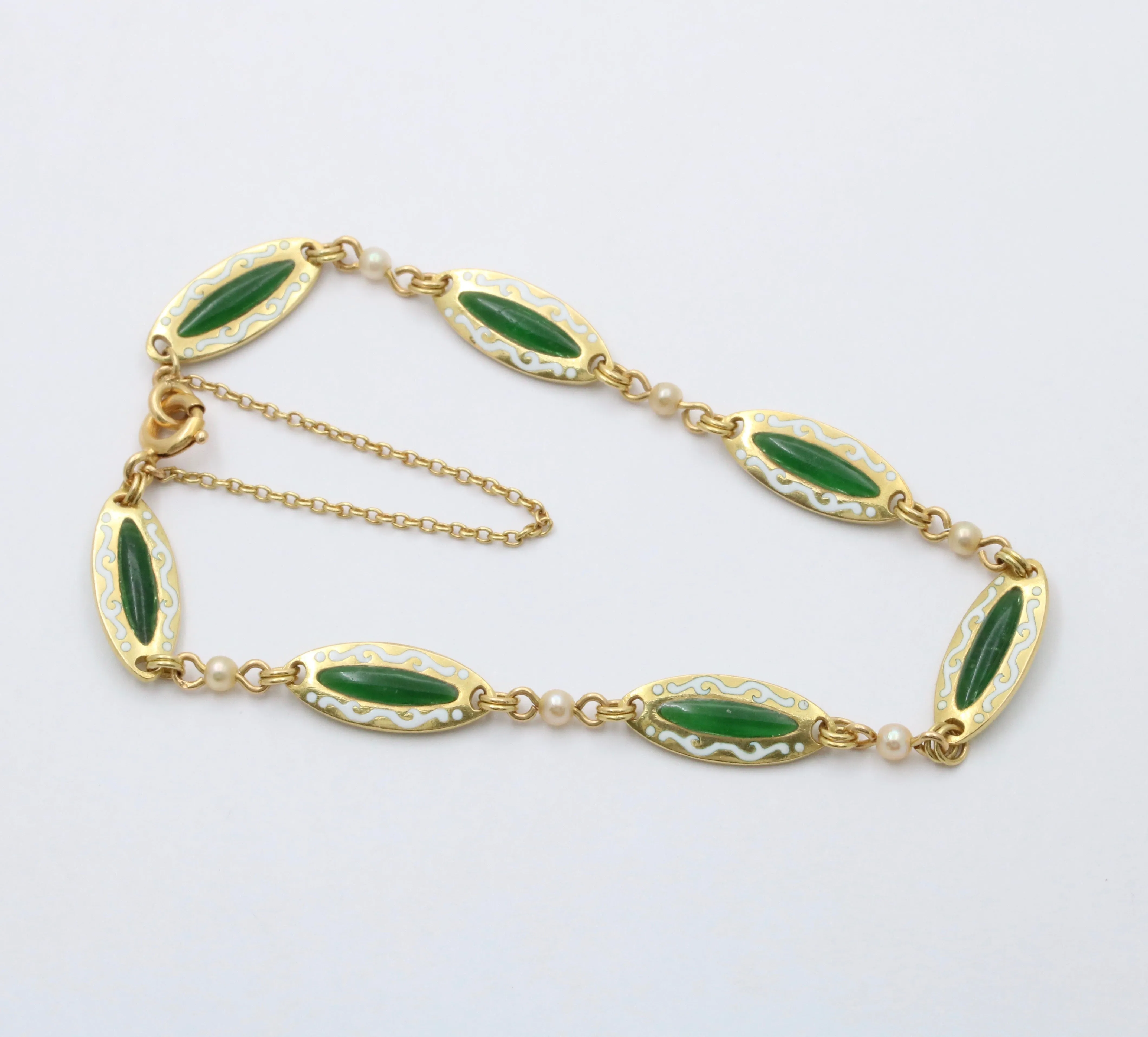 Antique 18K Gold and Plique A Jour Enamel Bracelet, Art Nouveau Pearl Bracelet