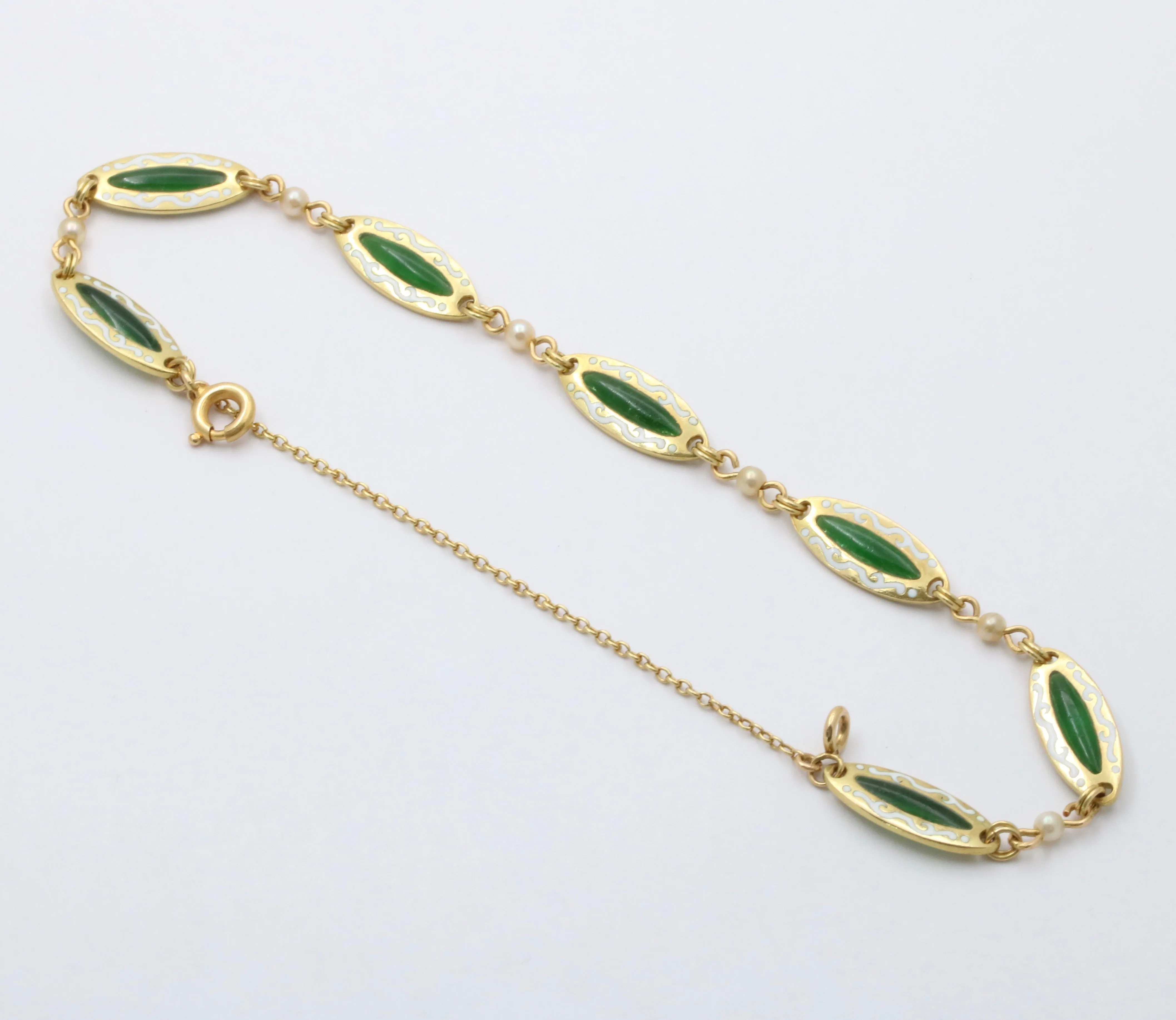 Antique 18K Gold and Plique A Jour Enamel Bracelet, Art Nouveau Pearl Bracelet