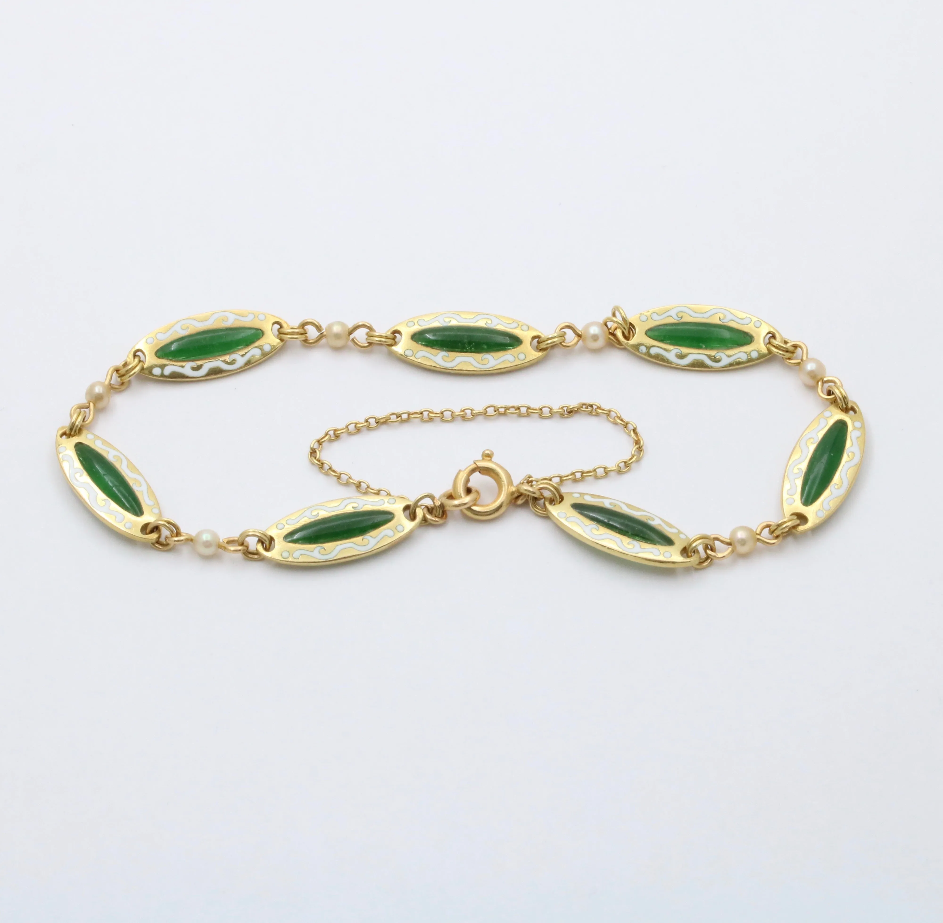 Antique 18K Gold and Plique A Jour Enamel Bracelet, Art Nouveau Pearl Bracelet