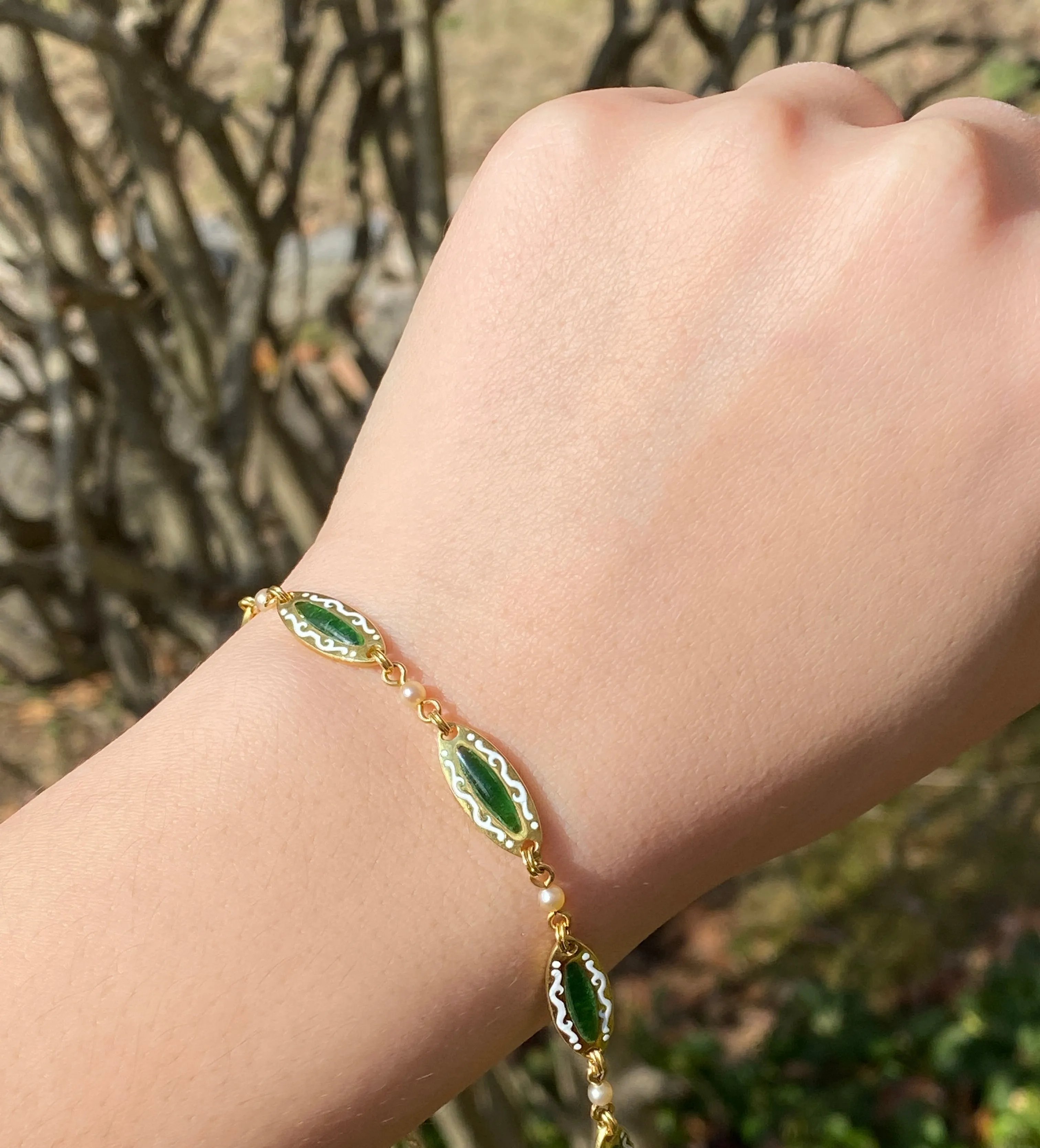 Antique 18K Gold and Plique A Jour Enamel Bracelet, Art Nouveau Pearl Bracelet