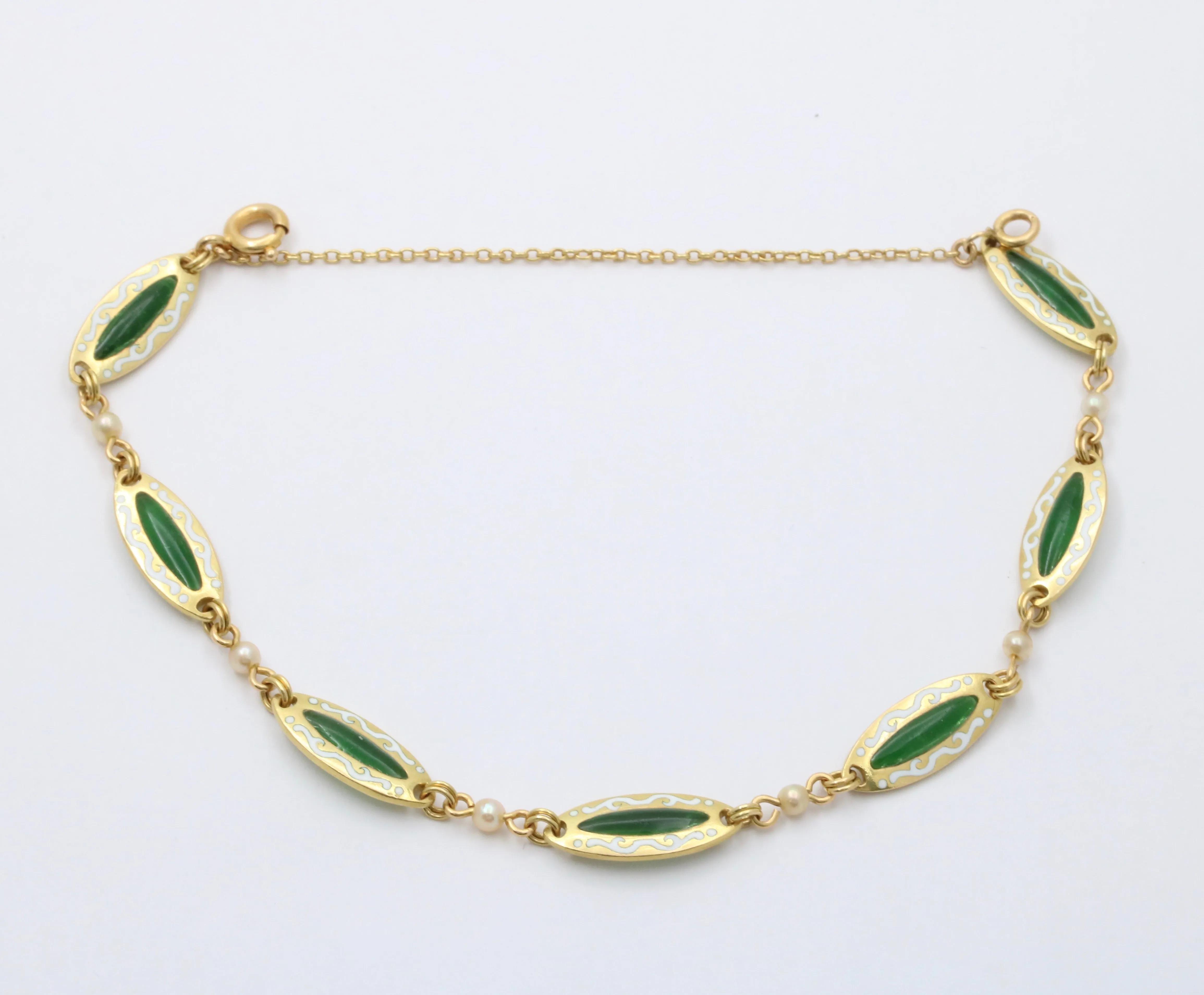 Antique 18K Gold and Plique A Jour Enamel Bracelet, Art Nouveau Pearl Bracelet