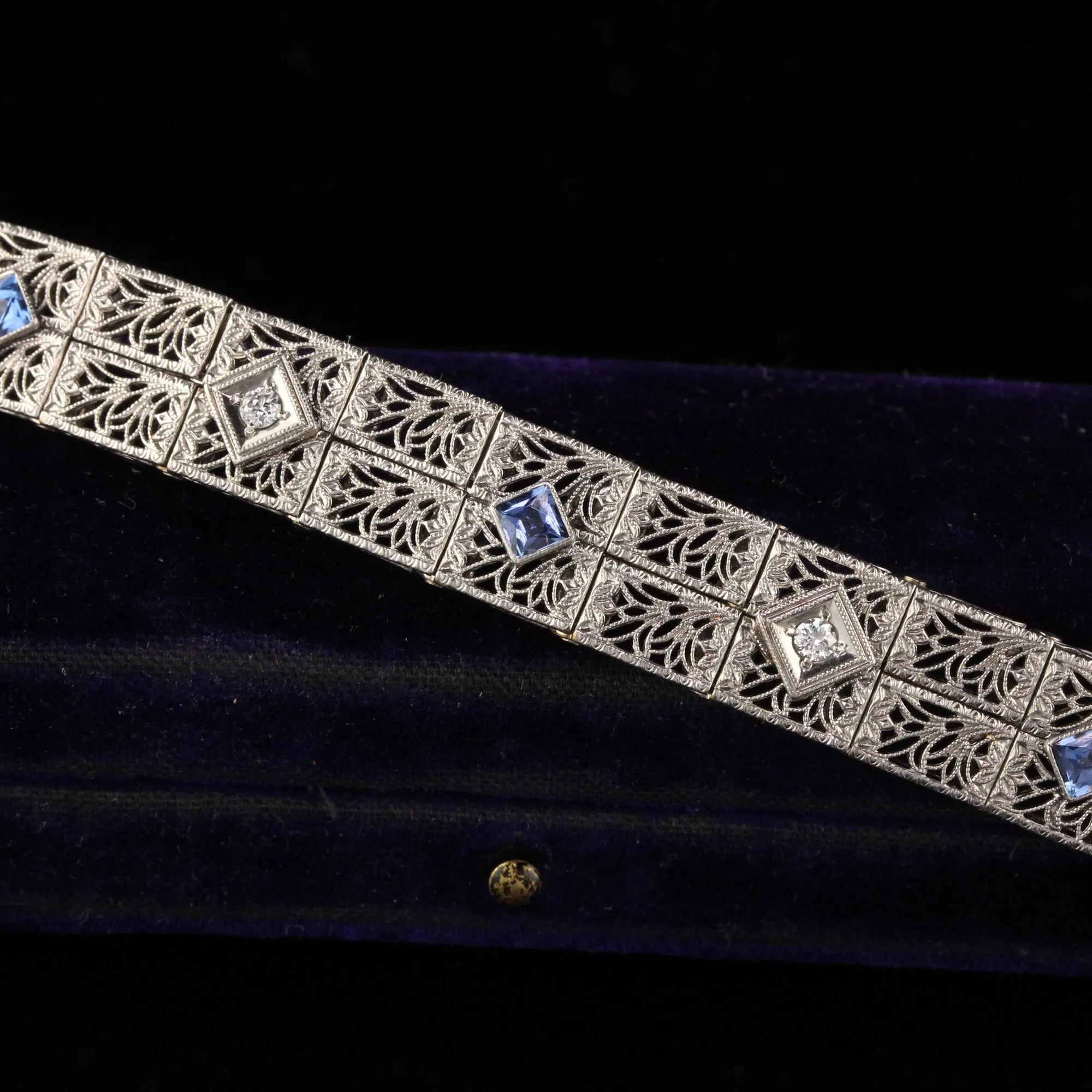 Antique Art Deco 14K White Gold Diamond and Yogo Gulch Sapphire Bracelet