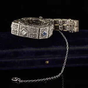 Antique Art Deco 14K White Gold Diamond and Yogo Gulch Sapphire Bracelet