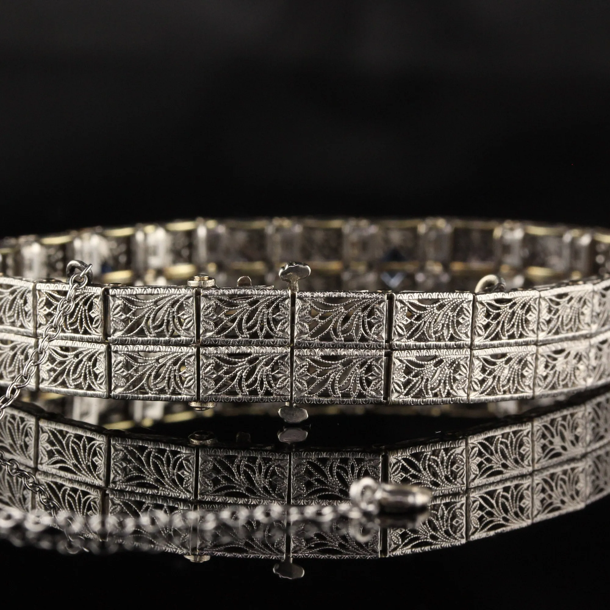 Antique Art Deco 14K White Gold Diamond and Yogo Gulch Sapphire Bracelet