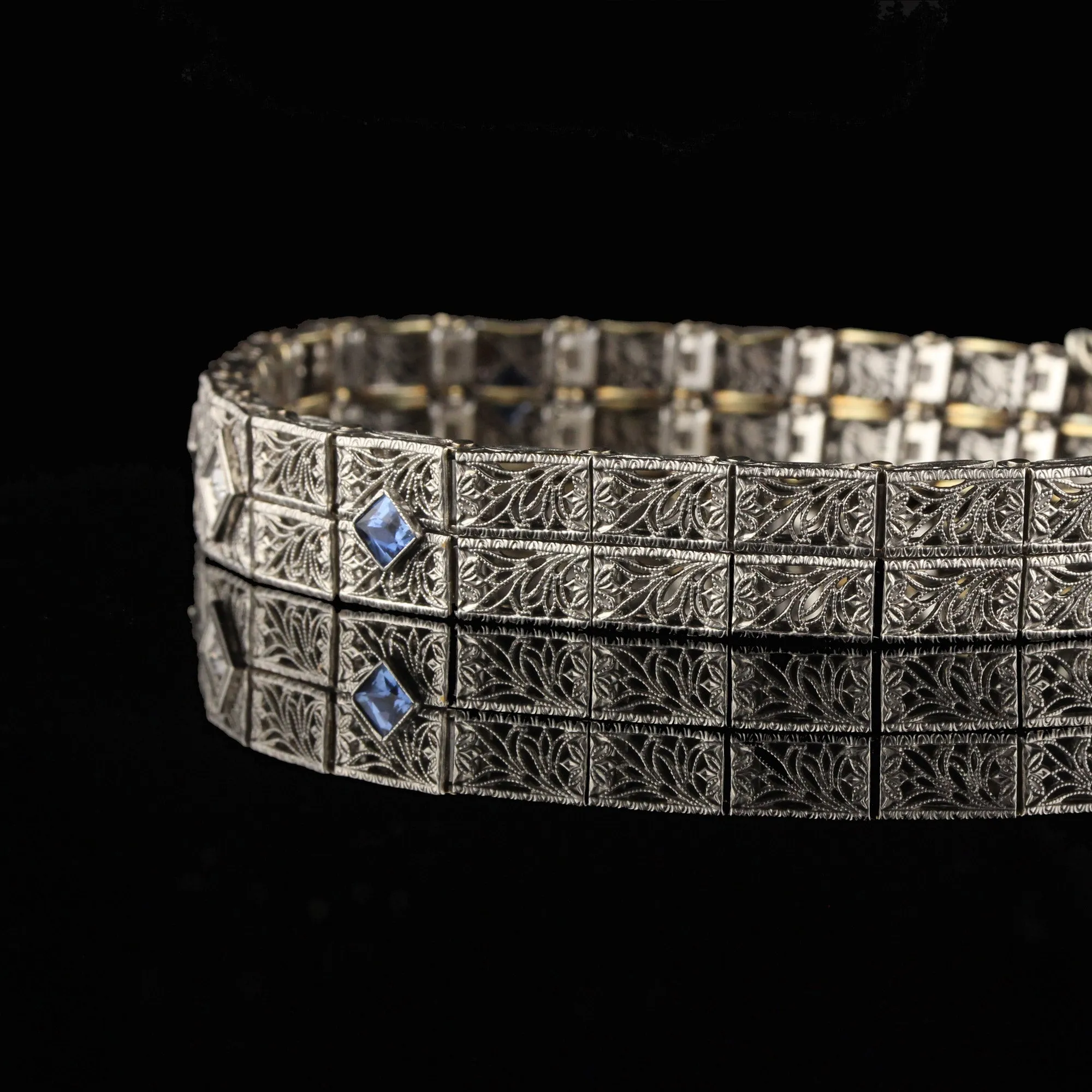 Antique Art Deco 14K White Gold Diamond and Yogo Gulch Sapphire Bracelet