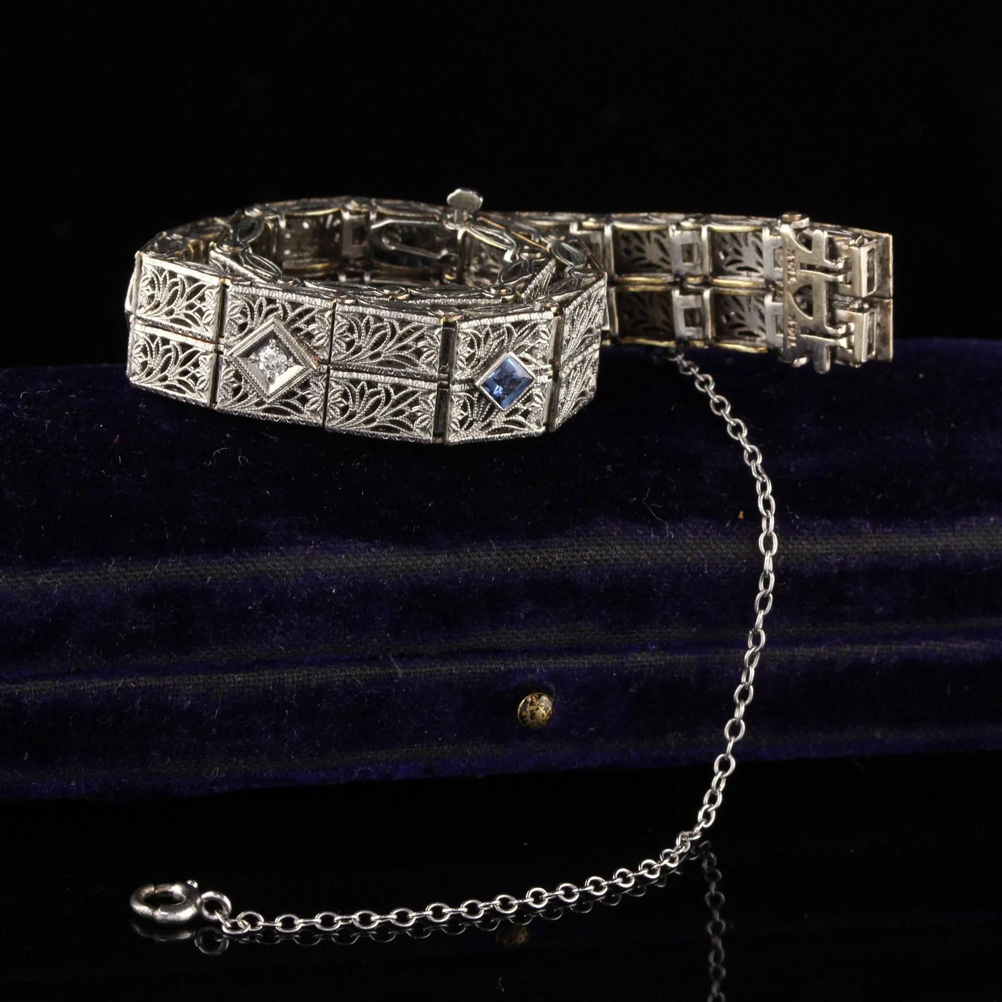 Antique Art Deco 14K White Gold Diamond and Yogo Gulch Sapphire Bracelet