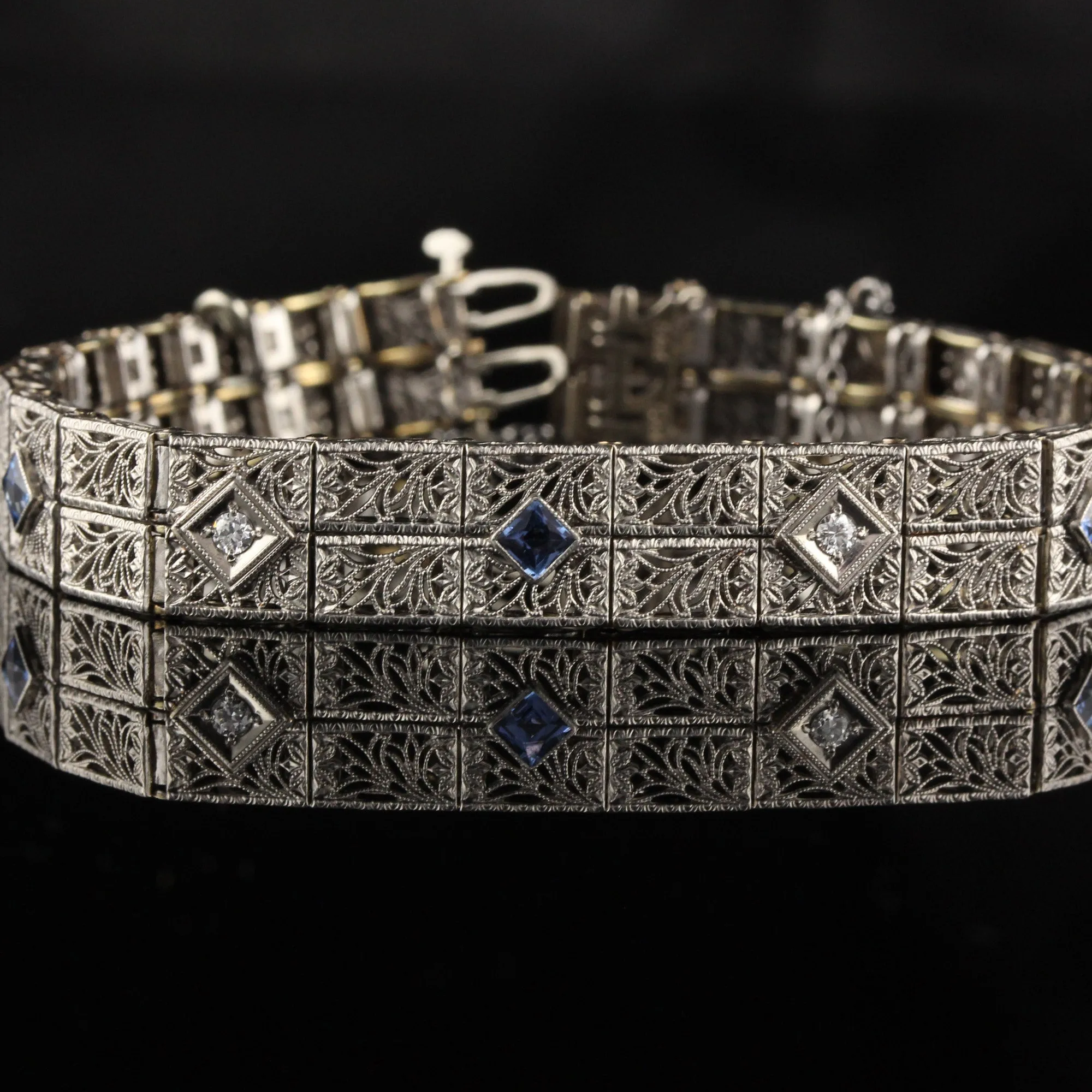 Antique Art Deco 14K White Gold Diamond and Yogo Gulch Sapphire Bracelet