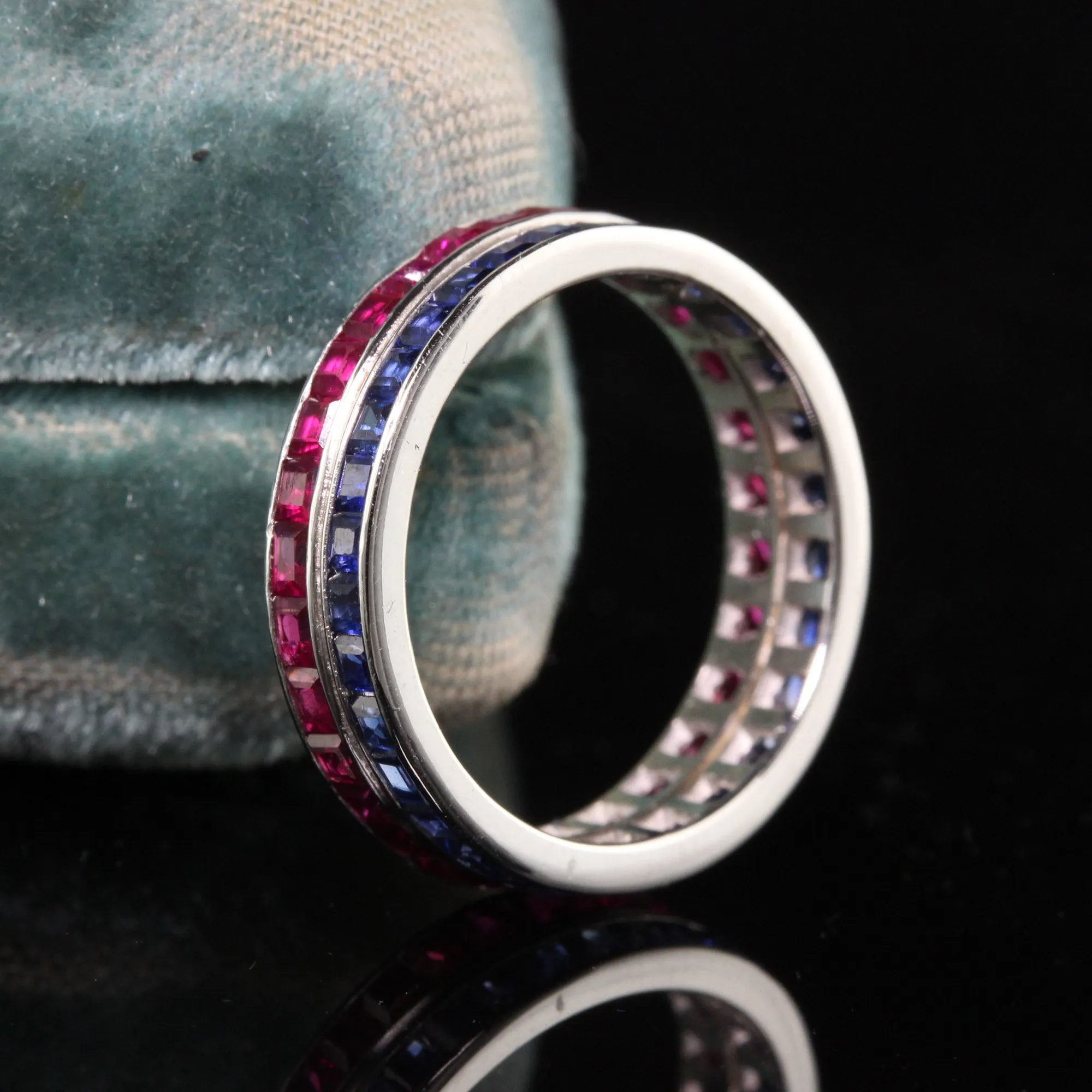 Antique Art Deco 14K White Gold Ruby and Sapphire Eternity Band