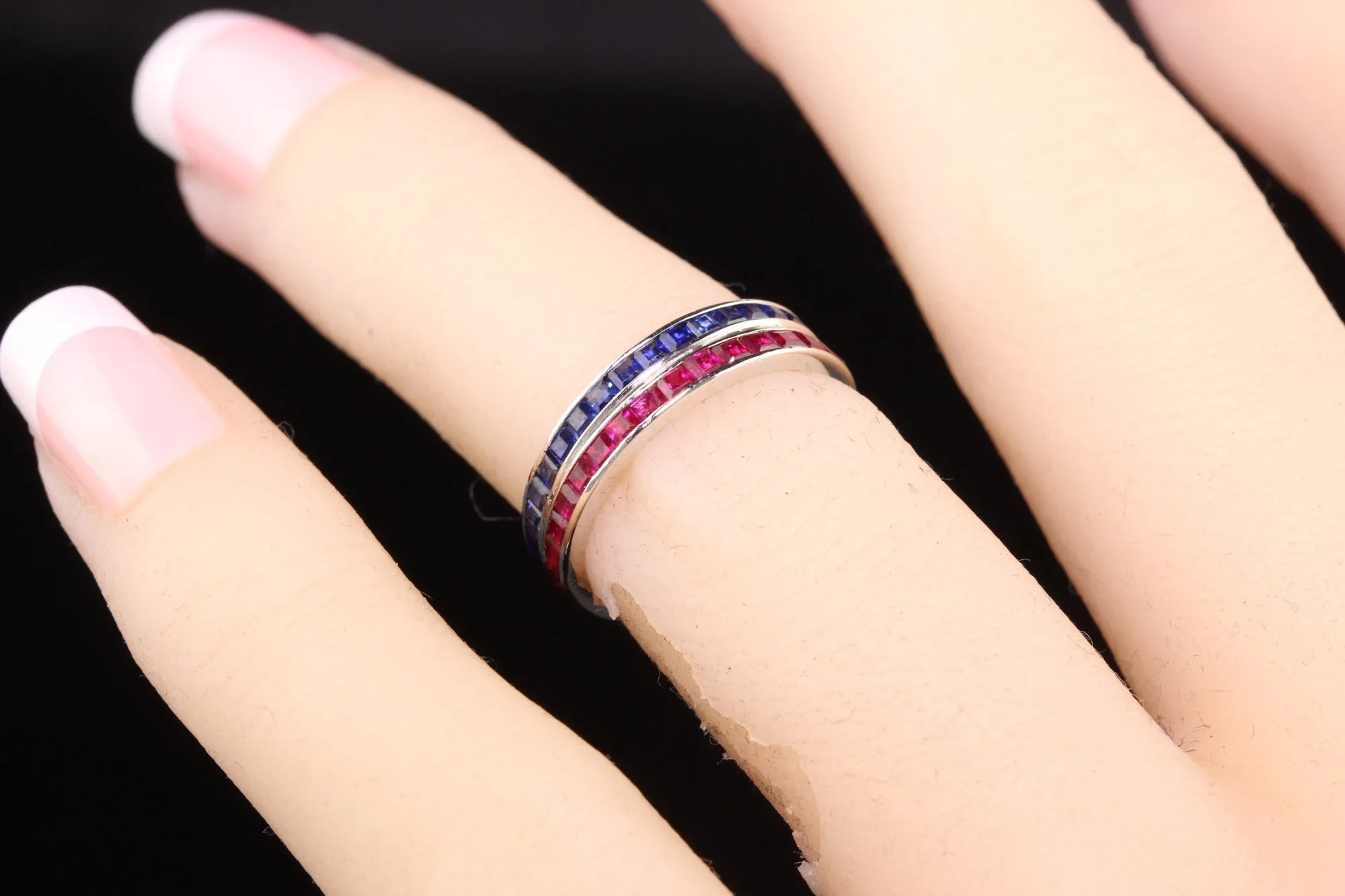 Antique Art Deco 14K White Gold Ruby and Sapphire Eternity Band