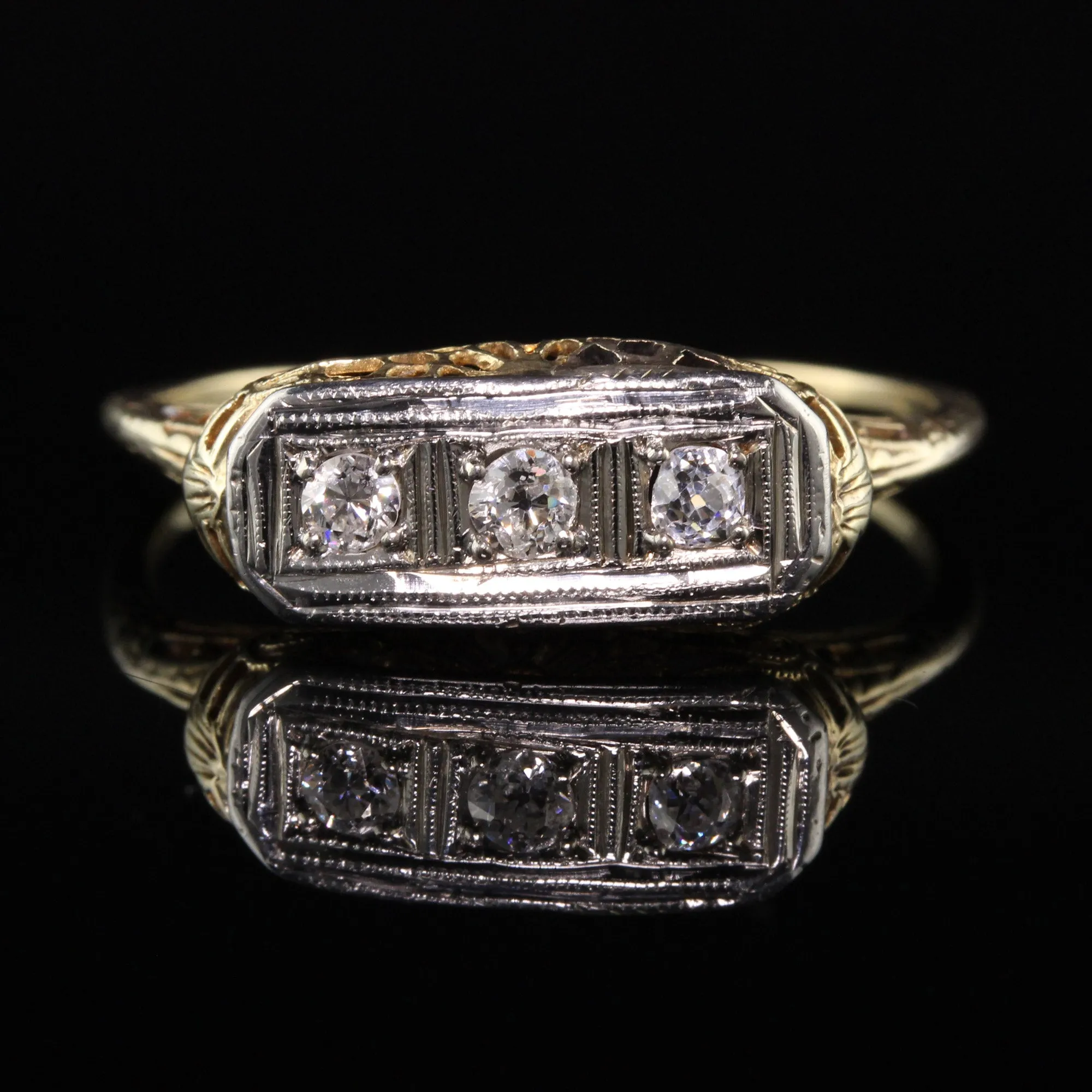 Antique Art Deco 14K Yellow Gold Old European Cut Three Stone Diamond Ring