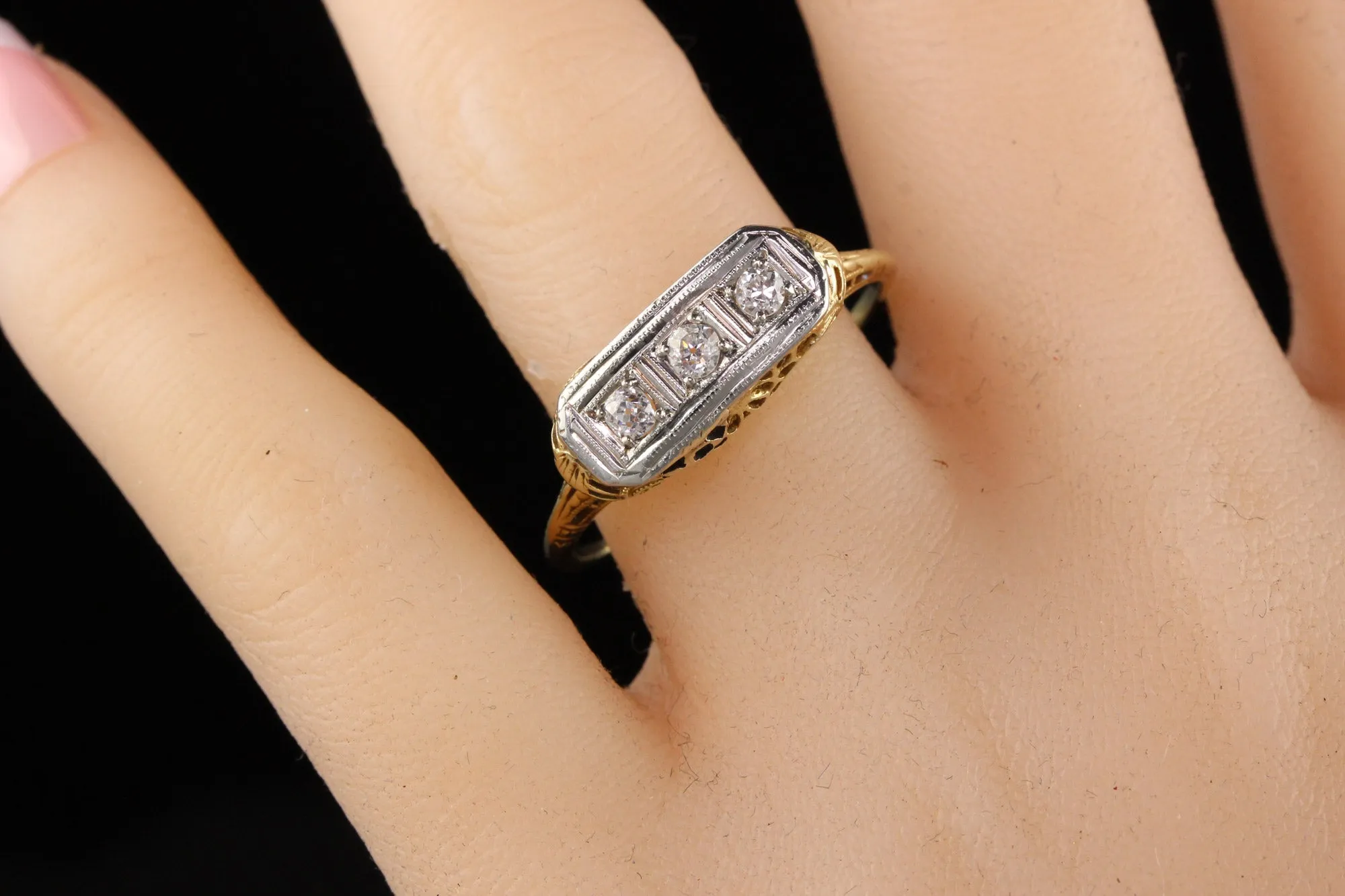 Antique Art Deco 14K Yellow Gold Old European Cut Three Stone Diamond Ring
