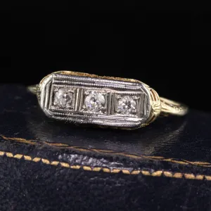 Antique Art Deco 14K Yellow Gold Old European Cut Three Stone Diamond Ring