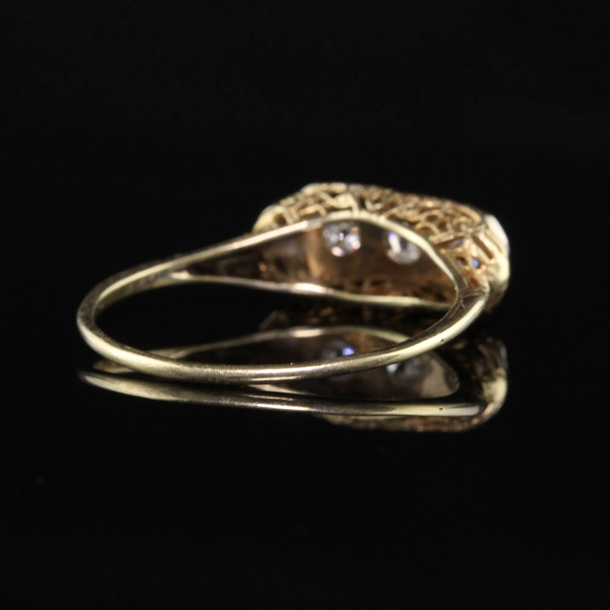 Antique Art Deco 14K Yellow Gold Old European Cut Three Stone Diamond Ring