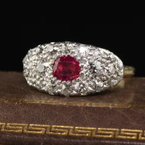 Antique Art Deco 14K Yellow Gold Platinum Old Mine Diamond Burma Ruby Ring