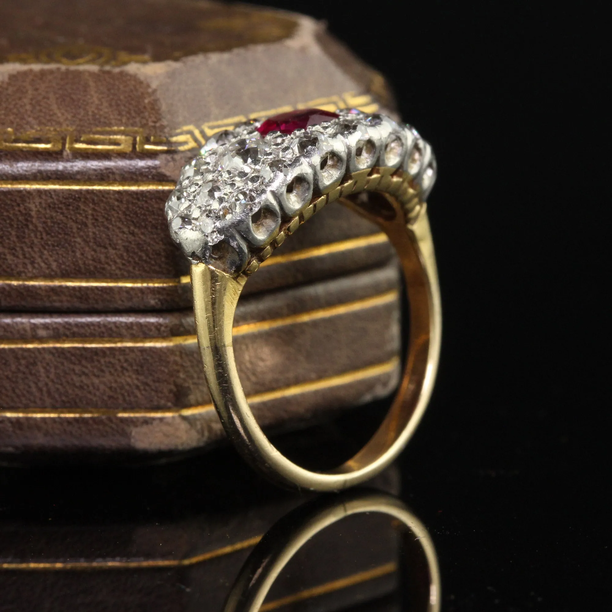 Antique Art Deco 14K Yellow Gold Platinum Old Mine Diamond Burma Ruby Ring