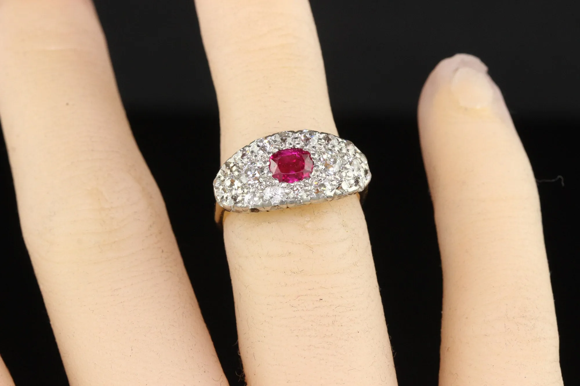 Antique Art Deco 14K Yellow Gold Platinum Old Mine Diamond Burma Ruby Ring