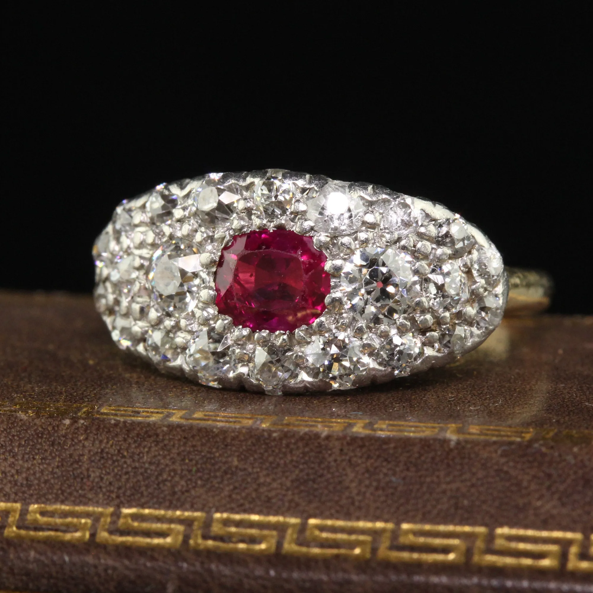 Antique Art Deco 14K Yellow Gold Platinum Old Mine Diamond Burma Ruby Ring