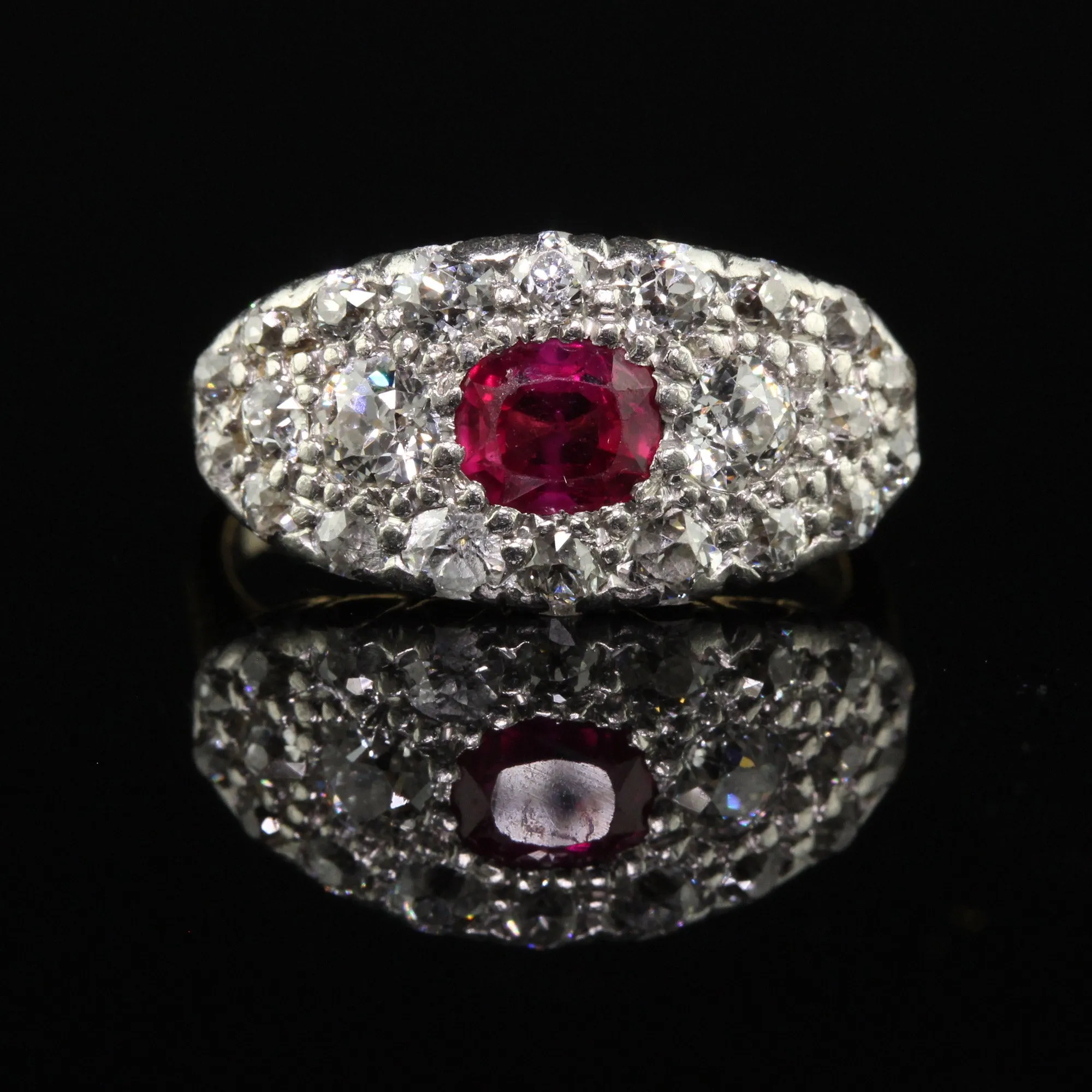 Antique Art Deco 14K Yellow Gold Platinum Old Mine Diamond Burma Ruby Ring