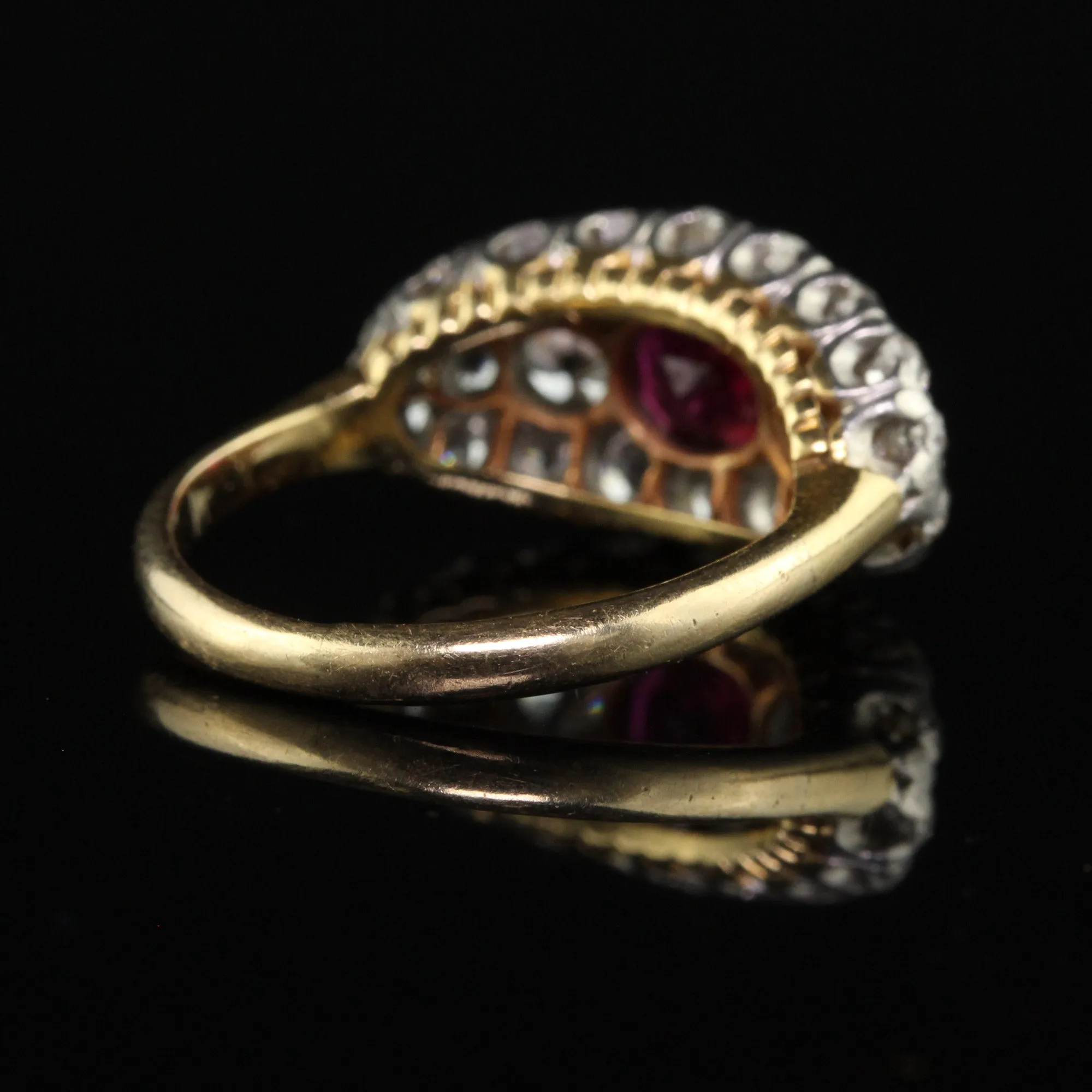 Antique Art Deco 14K Yellow Gold Platinum Old Mine Diamond Burma Ruby Ring