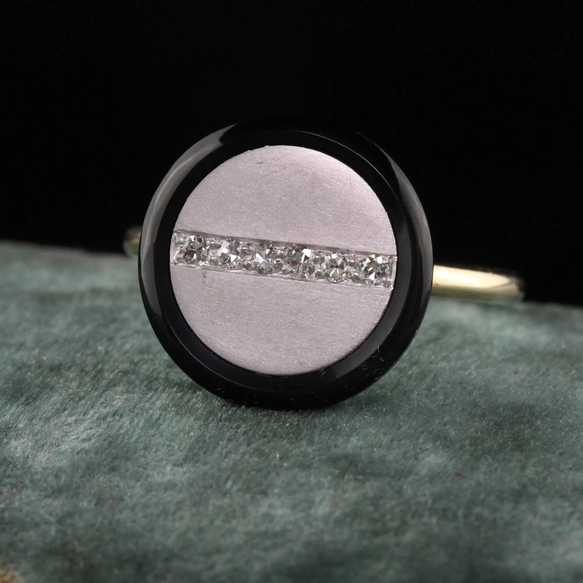 Antique Art Deco 14K Yellow Gold Platinum Onyx Diamond Button Ring