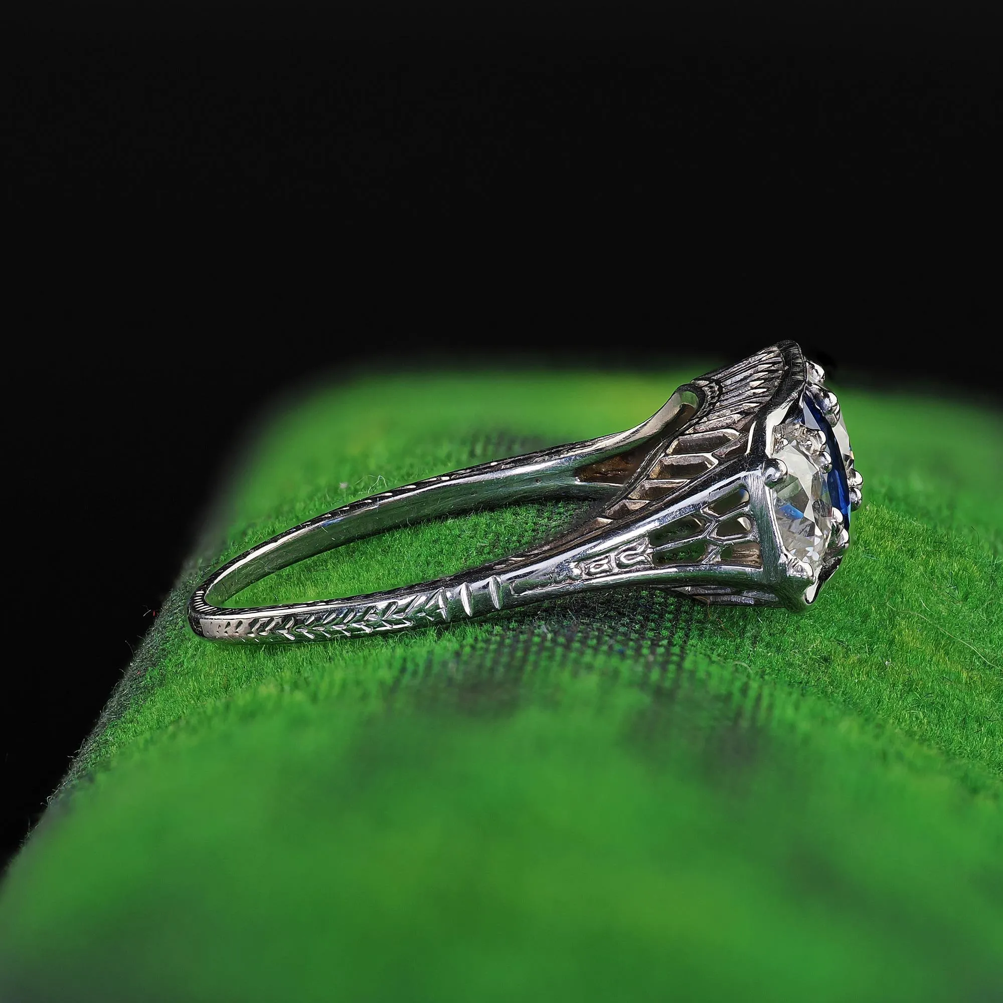 Antique Art Deco 18K White Gold Old Euro Diamond Sapphire Three Stone Ring - GIA