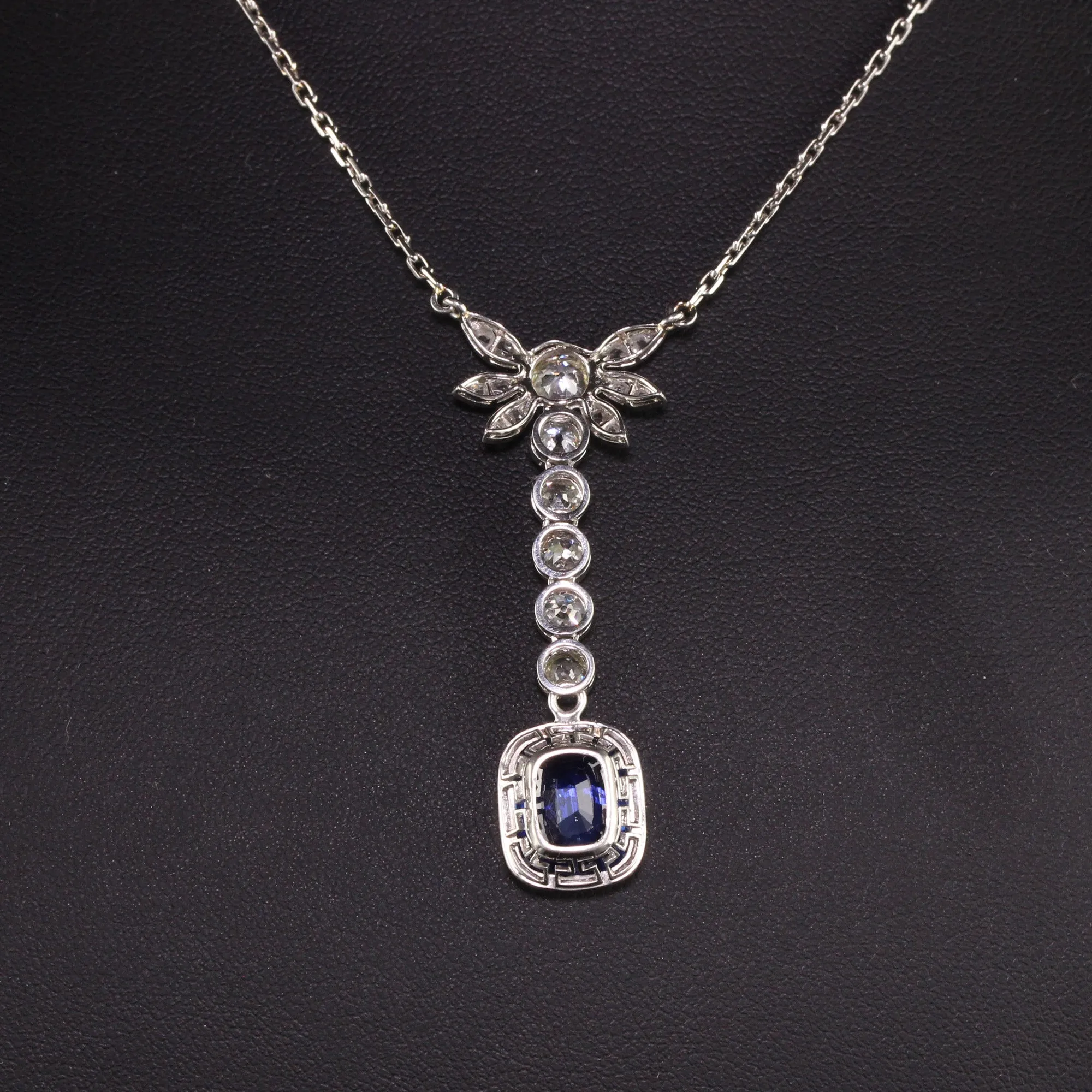 Antique Art Deco French Platinum Old Euro Diamond and Sapphire Drop Necklace