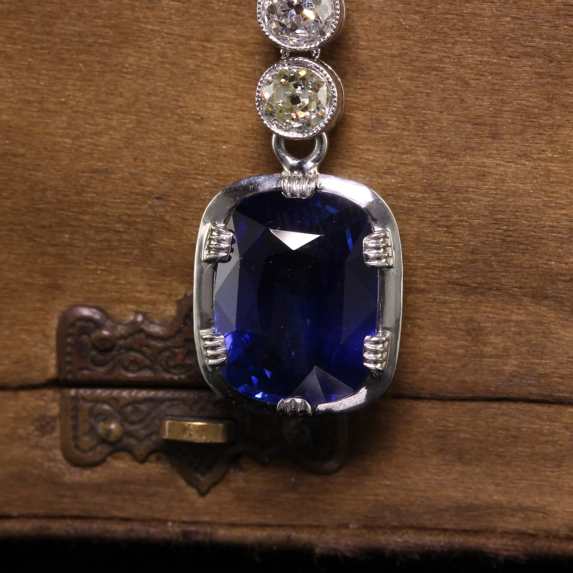 Antique Art Deco French Platinum Old Euro Diamond and Sapphire Drop Necklace
