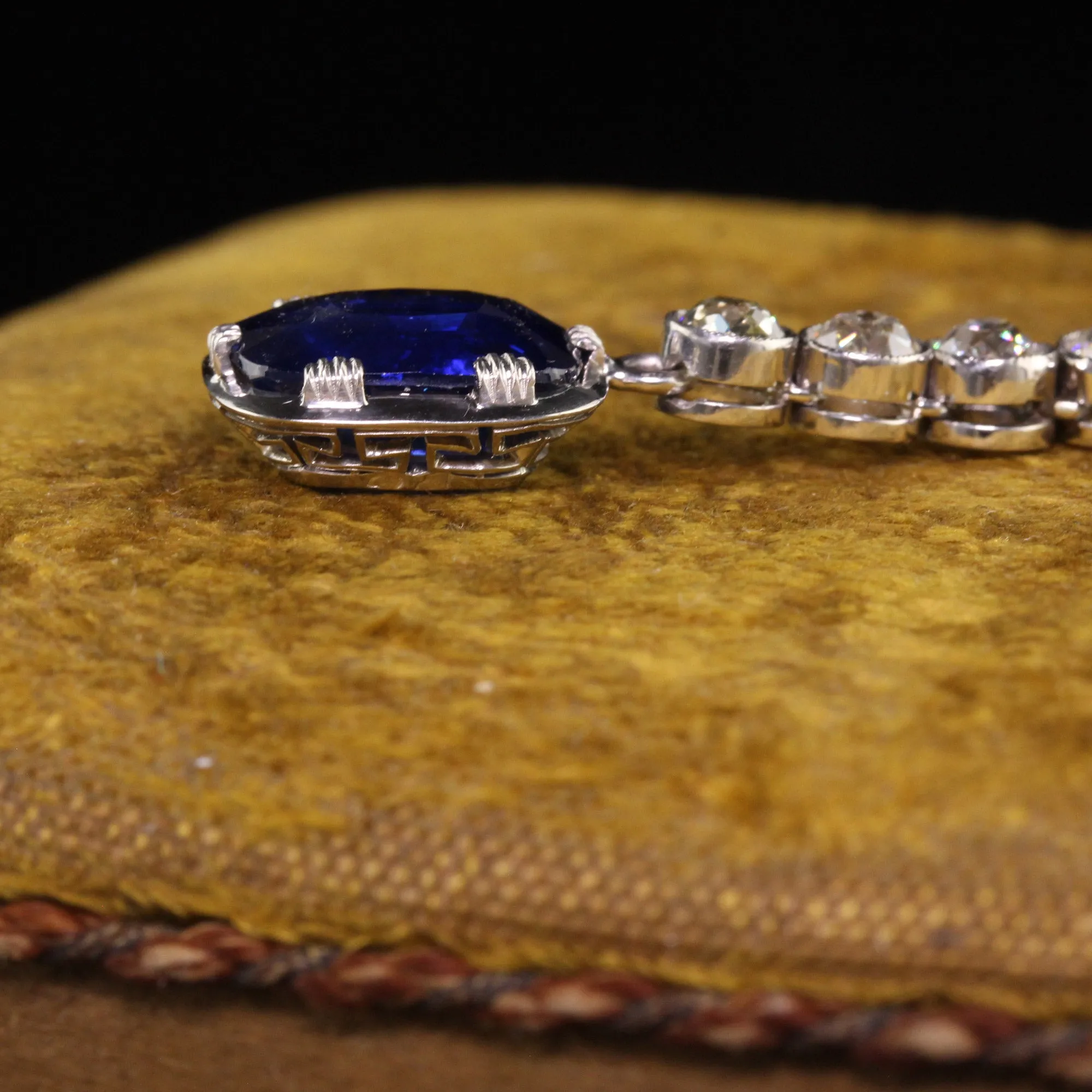 Antique Art Deco French Platinum Old Euro Diamond and Sapphire Drop Necklace