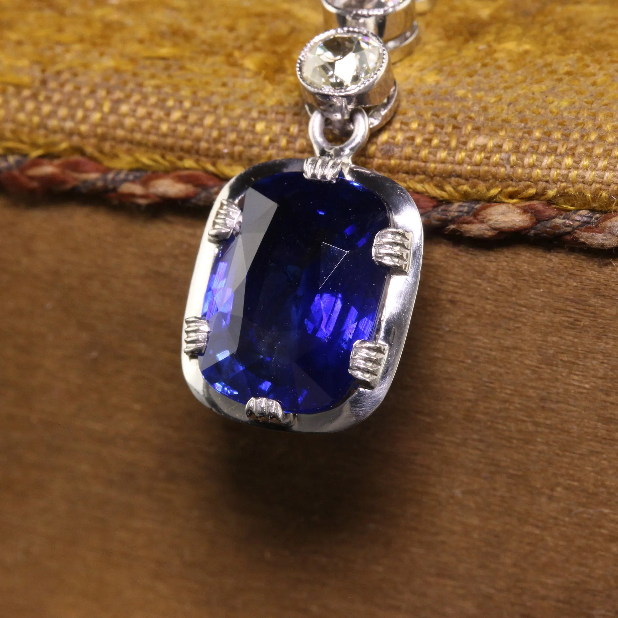 Antique Art Deco French Platinum Old Euro Diamond and Sapphire Drop Necklace